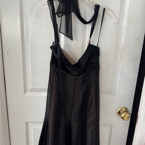 BCBG Maxazria vintage black with tan under layer silk halter dress size 2P